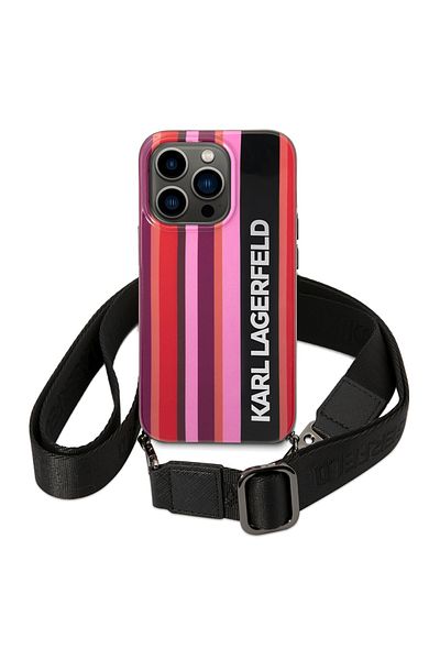 Karl Lagerfeld IPhone 14 Pro Case - Karl Lagerfeld Hardcase with Strap (KLHCP14LSTSTP) - Pink Color Stripes