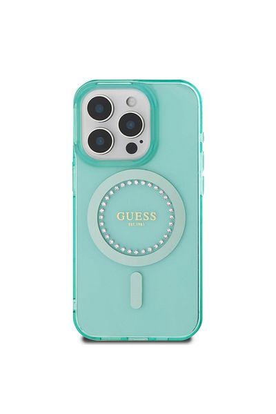 Guess Case for iPhone 16 Pro - Guess IML Rhinestones MagSafe (GUHMP16LPFTDTEN) - Green