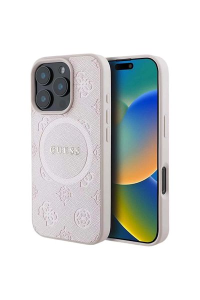 Guess Case for iPhone 16 Pro - Guess Saffiano Peony Classic Logo MagSafe (GUHMP16LPSAPSMEP) - Pink