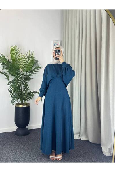Esre Store 4535 - Keten Tesettür Elbise Mavi