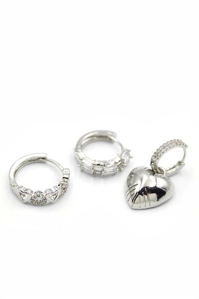 PRATİKOBA 3-Piece Heart Earrings - Silver