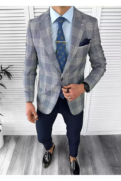 dehaine Sacou pentru barbati, slim fit, in carouri, 11621, bleumarin