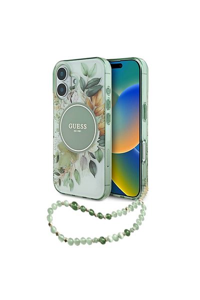 Guess Case for iPhone 16 Plus - Guess IML Flowers with Pearl Strap MagSafe (GUHMP16MHFWBRCESN) - Green