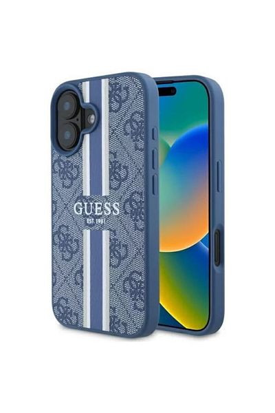 Guess Carcasă pentru iPhone 16 - Guess Hardcase 4G cu dungi imprimate MagSafe (GUHMP16SP4RPSB) - Albastră