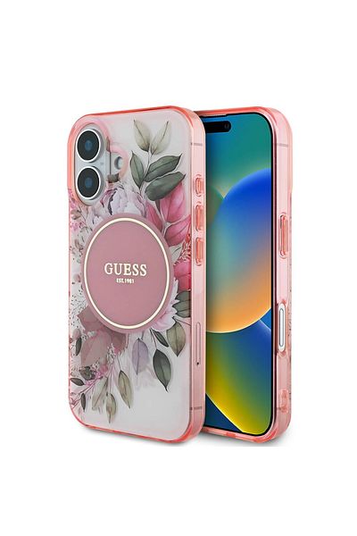 Guess Case for iPhone 16 Plus - Guess IML Flower & Tonal Circle MagSafe (GUHMP16MHFWBDCEP) - Pink
