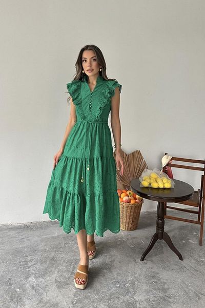 modaserdem Emerald Ruffled Buttoned Dress