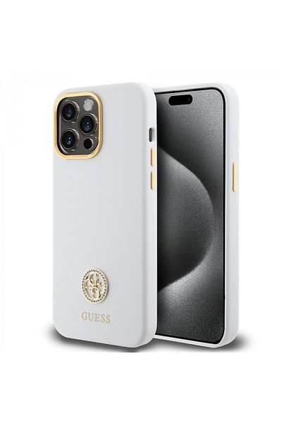 Guess Case for iPhone 15 Pro Max - Guess Silicone Logo Strass 4G (GUHCP15XM4DGPH) - White