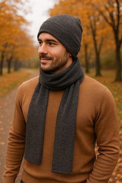 T-Box Navy Blue Gray Men's Scarf Beanie Set