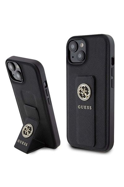 Guess Case for iPhone 15 - Guess Grip Stand 4G Saffiano Strass (GUHCP15SPGSSADK) - Black