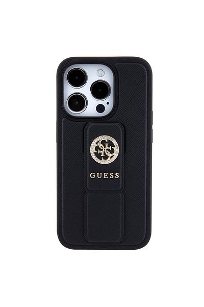 Guess Case for iPhone 15 Pro - Guess Grip Stand 4G Saffiano Strass (GUHCP15LPGSSADK) - Black