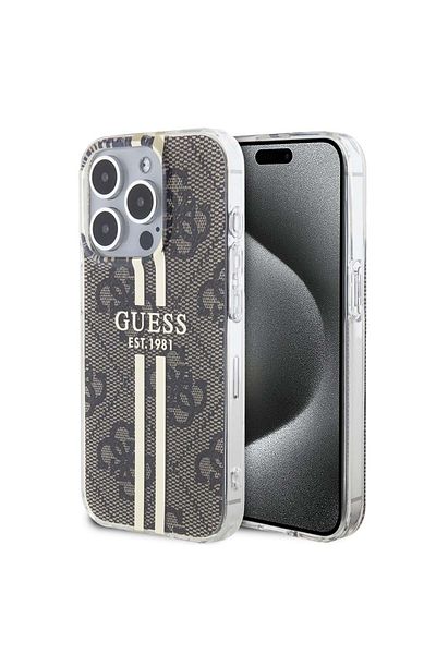 Guess Case for iPhone 15 Pro Max - Guess Hardcase IML 4G Gold Stripe (GUHCP15XH4PSEGW) - Brown