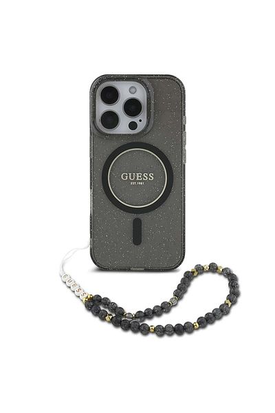 Guess Case for iPhone 16 Pro - Guess IML Glitter with Pearl Strap MagSafe (GUHMP16LHGCRELSK) - Black