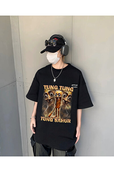 Minga London تيشيرت أسود كبير الحجم مطبوع عليه Tung Tung Sahur مسبقًا -Minga ...