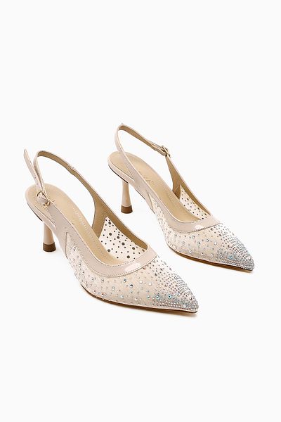 Limoya Kally Beige Transparent Fabric Stone Detailed Women's Heeled Shoes