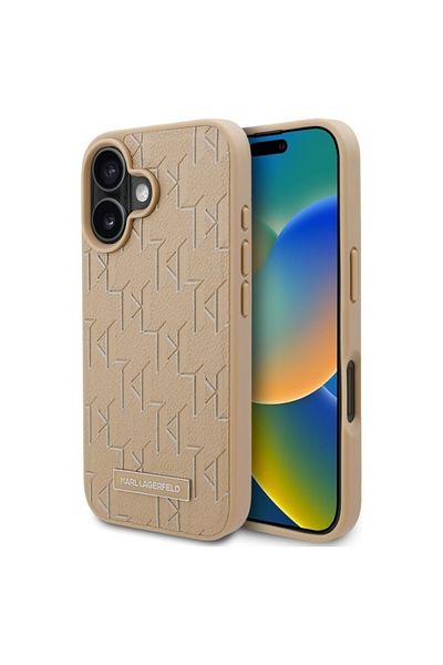 Karl Lagerfeld Carcasă pentru iPhone 16 - Karl Lagerfeld Leather MagSafe (KLHMP16SPKHPORPE) - Ștampilare la cald bej