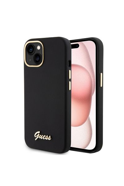 Guess Case for iPhone 15 - Guess Silicone Script Metal Logo & Frame (GUHCP15SSMBSLK) - Black