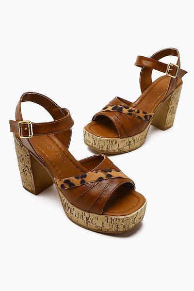 Limoya Sandale de damă Farah Tan cu toc cu pană cu platformă cu detaliu leopard