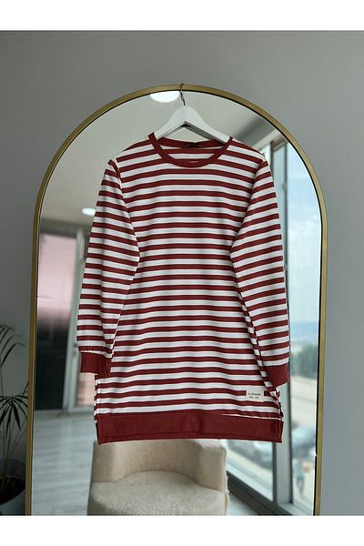 Bold Grup Fashion Neva Women's Burgundy Striped Two Thread Hijab Crew Neck Loose Tunic Sweatshirt