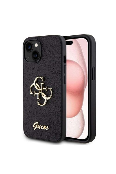 Guess Case for iPhone 15 - Guess Glitter Script Big 4G (GUHCP15SHG4SGK) - Black