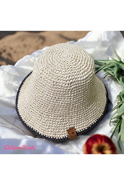 Satürn Hobi Örgü Hasır İp Ekru Siyah Detaylı Unisex Kova Şapka