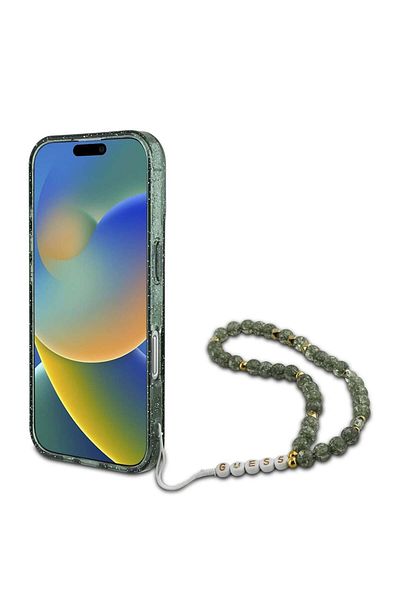 Guess Case for iPhone 16 Pro Max - Guess IML Glitter with Pearl Strap MagSafe (GUHMP16XHGCRELSA) - Green