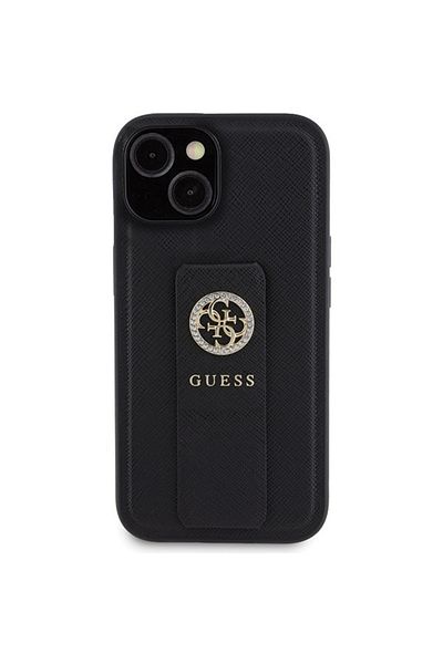 Guess Case for iPhone 15 - Guess Grip Stand 4G Saffiano Strass (GUHCP15SPGSSADK) - Black