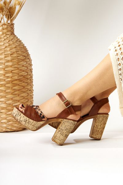 Limoya Sandale de damă Farah Tan cu toc cu pană cu platformă cu detaliu leopard
