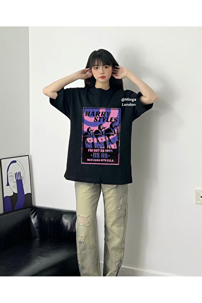 Minga London Tricou oversize cu imprimeu frontal Harry Styles negru -Minga Lo...