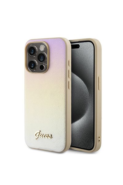 Guess Case for iPhone 15 Pro - Guess Saffiano Iridescent Script (GUHCP15LPSAIRSD) - Gold