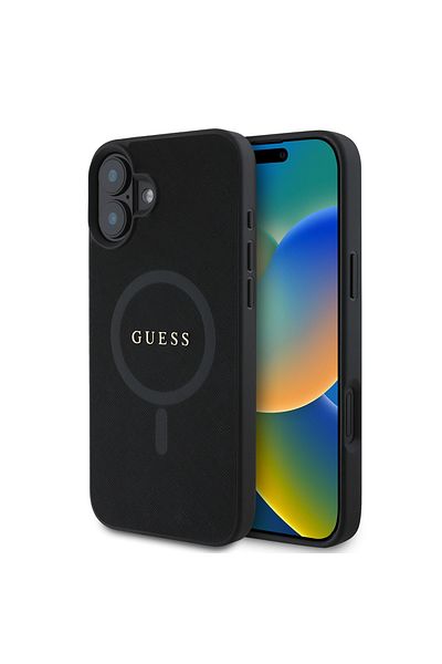 Guess Case for iPhone 16 Plus - Guess Saffiano Classic Logo MagSafe (GUHMP16MPSAHMCK) - Black