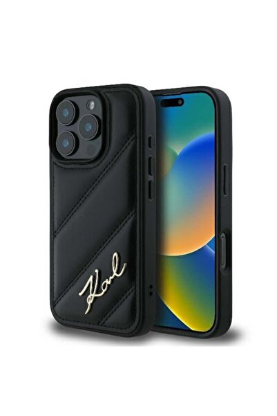 Karl Lagerfeld Carcasă pentru iPhone 16 Pro - Diagonal Quilted Script (KLHCP16LPQDSMGK) - Negru