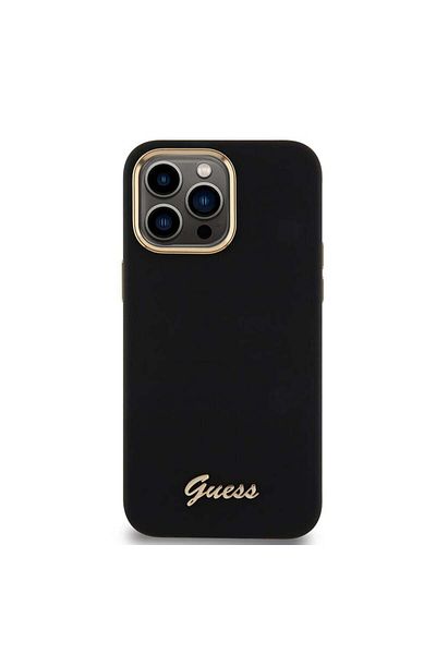 Guess Carcasă pentru iPhone 15 Pro Max - Siglă și ramă metalică din silicon (GUHCP15XSMBSLK) - Negru