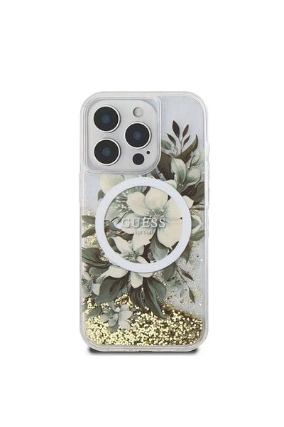 Guess Case for iPhone 16 Pro - Guess Liquid Glitter Flower MagSafe (GUHMP16LLFMWTE) - Beige