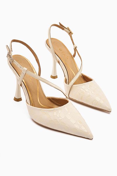 Limoya Genuine Leather Sarah Beige Crocodile Patterned Pointed Toe Heeled Women's Shoes