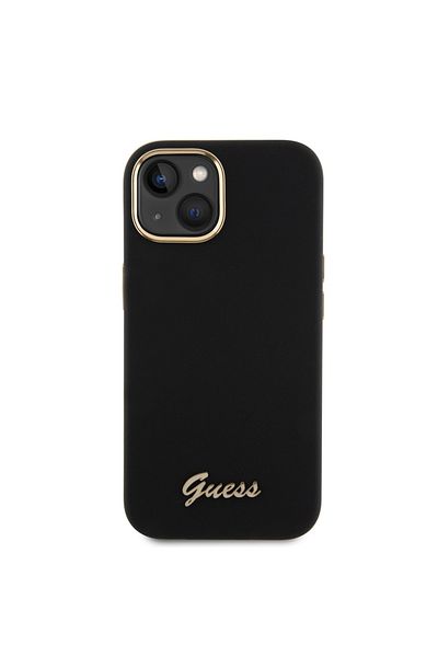 Guess Case for iPhone 15 - Guess Silicone Script Metal Logo & Frame (GUHCP15SSMBSLK) - Black