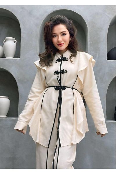 Cardella Double Design Linen Suit Button Detailed Flounce Linen Suit Jacket Trousers Double Set