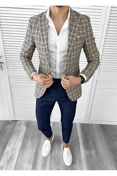 dehaine Sacou pentru barbati, slim fit, in carouri, 1162, maro