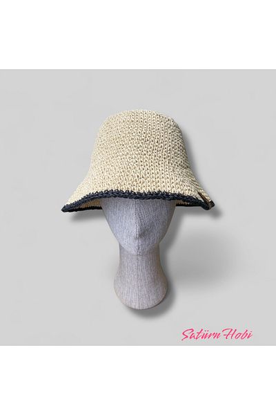 Satürn Hobi Knitted Straw Rope Ecru Black Detailed Unisex Bucket Hat