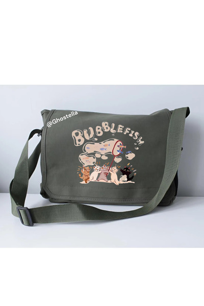 Minga London Geantă Messenger cu imprimeu Bubble Fish kaki pentru școală, cursuri, liceu - Ghostella