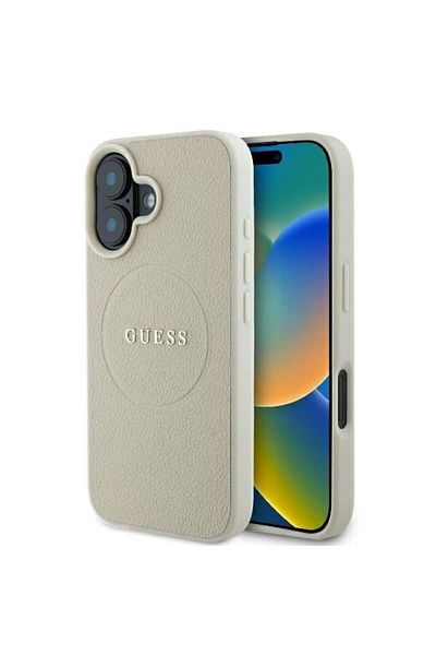 Guess Case for iPhone 16 - Guess Grained Gold Ring MagSafe (GUHMP16SPGHSMME) - Beige