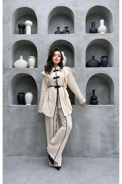 Cardella Double Design Linen Suit Button Detailed Flounce Linen Suit Jacket Trousers Double Set