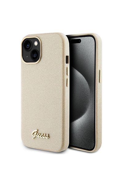 Guess IPhone 15 Case - Guess Glitter Glossy Script (GUHCP15SPGMCSD) - Sparkle Beige