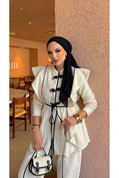 Cardella Double Design Linen Suit Button Detailed Flounce Linen Suit Jacket Trousers Double Set