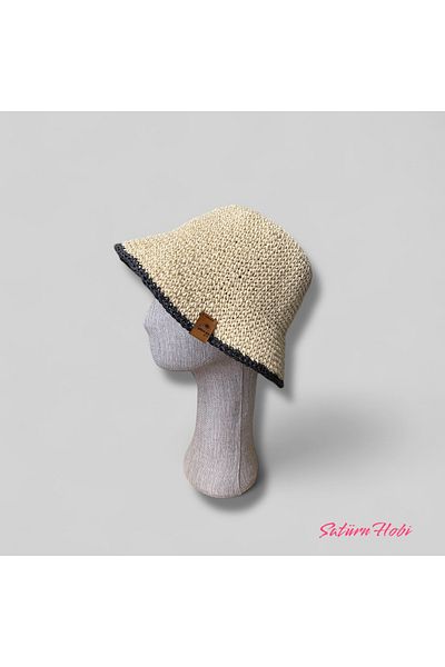 Satürn Hobi Knitted Straw Rope Ecru Black Detailed Unisex Bucket Hat