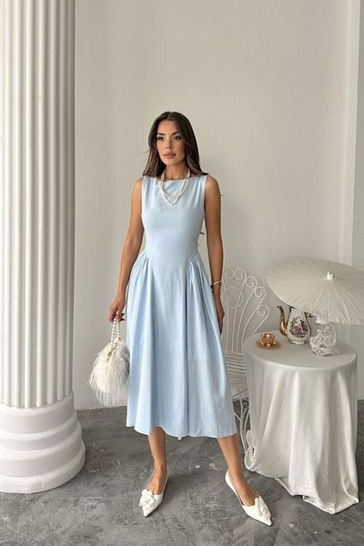 modaserdem Blue Side Gathered Midi Length Linen Dress
