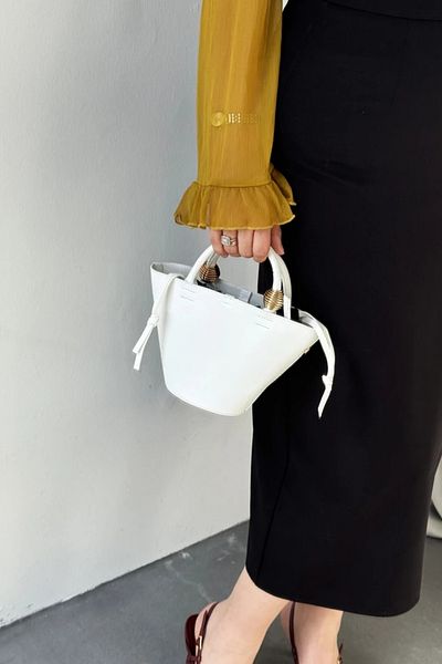 LEONAS Mini Shopper Hand and Shoulder Bag with Metallic Detail Paella White