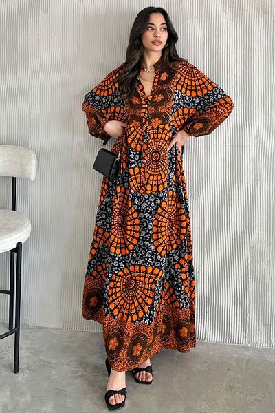 AYASOFYA OTANTIK Women's Orange Button Detailed Patched Collar Ethnic Patterned Balloon Sleeve Loose Long Dress