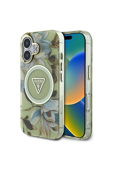 Guess Case for iPhone 16 - Guess IML Metal Glitter Flowers Triangle MagSafe (GUHMP16SHFLPEDN) - Green
