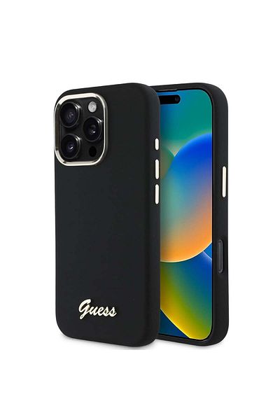 Guess Case for iPhone 16 Pro - Guess Silicone Script Metal Logo & Frame (GUHCP16LSMBSLK) - Black