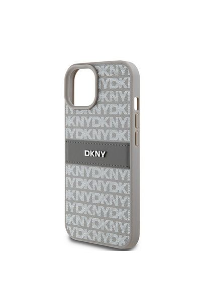 Dkny IPhone 15 Case - DKNY Leather Mono Stripe & Metal Logo (DKHCP15SPRTHSLE) - Beige